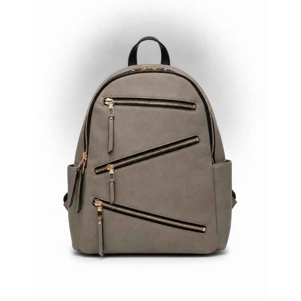 MMS Gray Vegan Leather Multi Zipper Backpack Gold Hardware Geometric Lining EUC